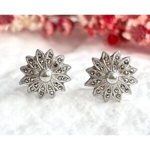 Marcasite Floral Vintage Art Deco Screw Back Sterling Silver 925 Earrings
